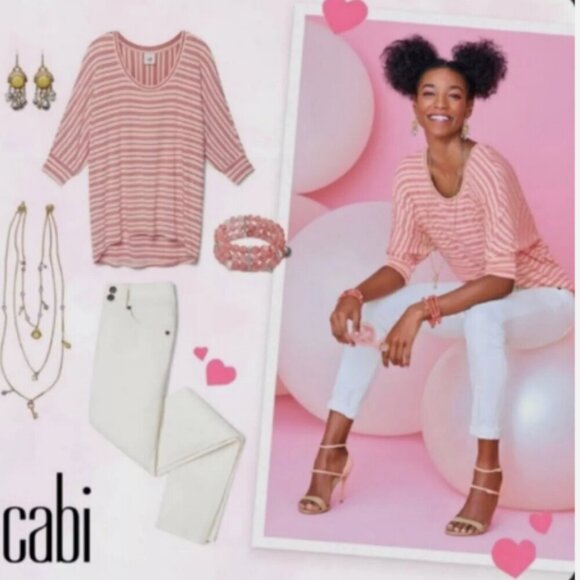 Cabi Tickled Tee Shirt XS Pink Striped Stretchy Top #5750 - Picture 1 of 9